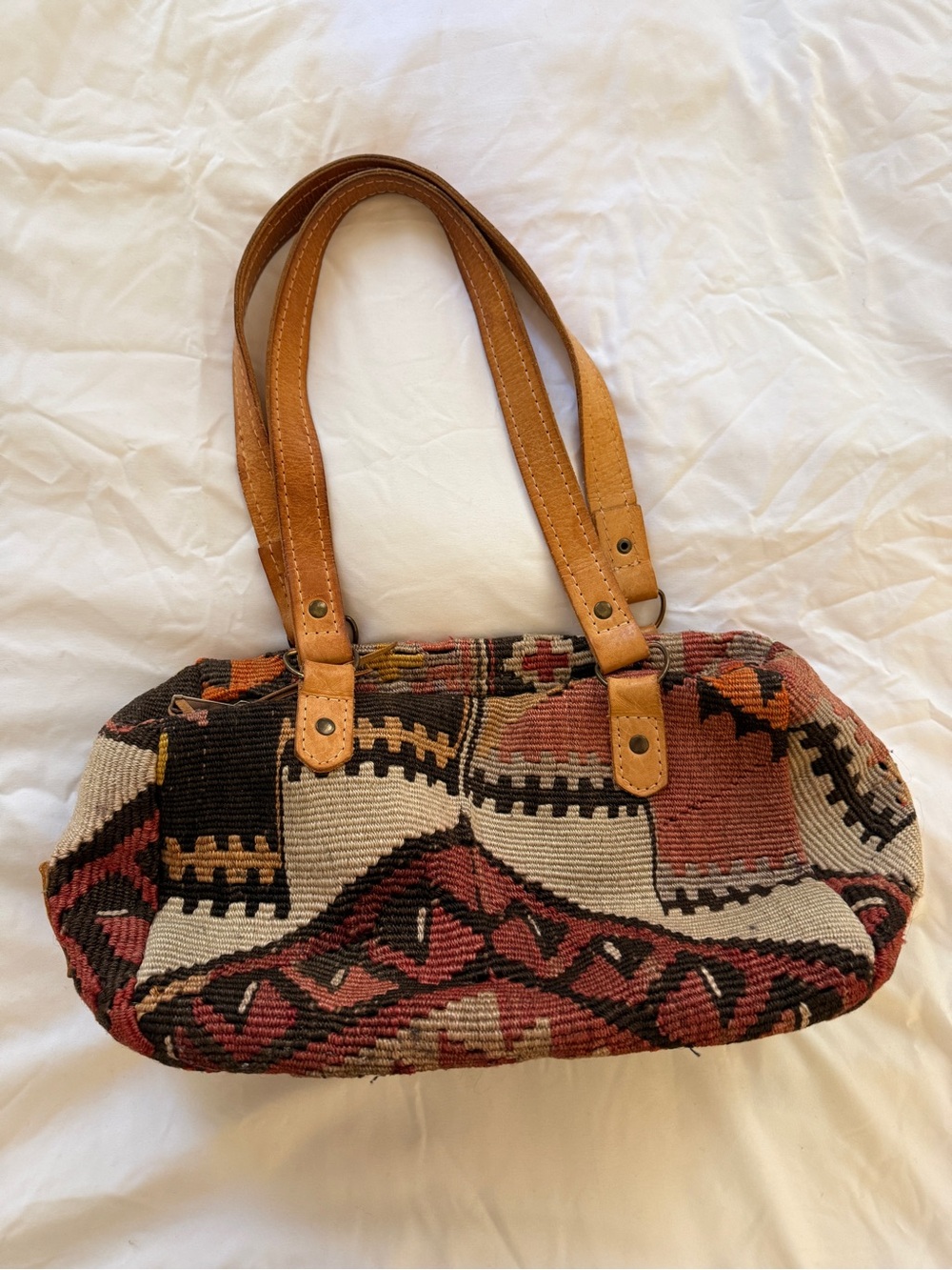 Tapestry Boho Shoulder Bag with Leather Handles - Multi Color